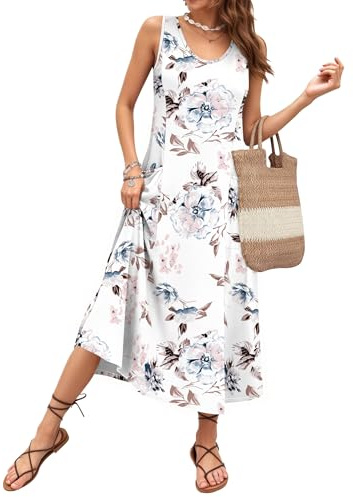 AUSELILY Abito Estivo da Donna Senza Maniche Modello a Trapezio Abito Lungo Casual con Scollo a U Vestito Ampio per Le Vacanze e la Spiaggia con Tasche Bianco Floreale M