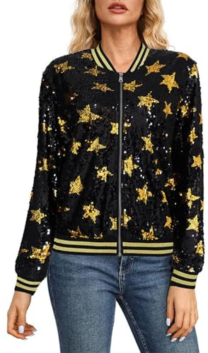 Generisk bomberjacka för kvinnor med glitter, baseballjacka för damer, paljetter, utomhusjacka, karneval, paljettjacka, bekväm fritidsjacka med dragkedja, glitterjacka, trendig karnevalsoutfit