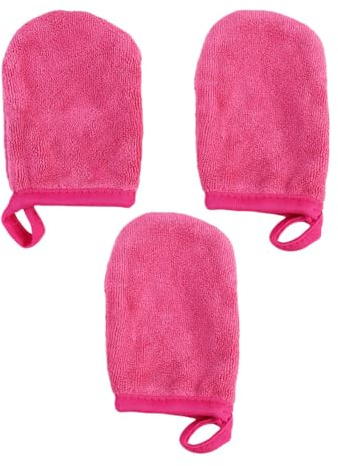PRETYZOOM Guantes de Limpieza Facial Gruesos 3 Piezas Rosa Fucsia, Guantes Desmaquilladores Lavables y Reutilizables para Eliminar Maquillaje y Polvo Cosmético, Almohadillas de Limpieza
