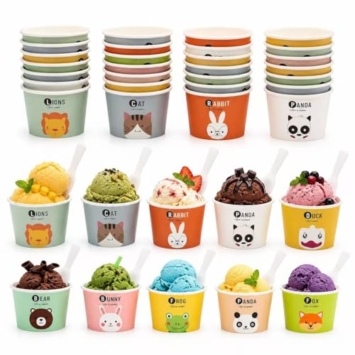 Fancysky glasskoppar i papper med sked (165–180 ml) – 10 olika djurmotiv – Små färgglada glassskålar för barn, födelsedag, fest, engångsbruk – Perfekt för glass, dessert och snacks
