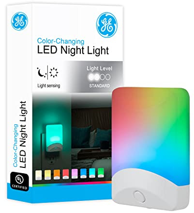 GE Color Changing LED Night Light for Kids, Dusk to Dawn Sensor, Home Decor Apartment Essentials, Wall Lights for Bedroom, Ambient Lighting, Nightlights Plug in, 1 Pack, 34693