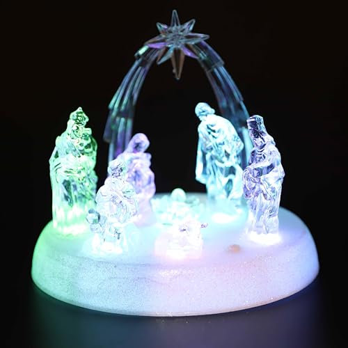 20cm Christmas Pre-Lit LED Musical Nativity Scene Acrylic Sculpture Battery Operated Light Up Xmas Tabletop Home Decorations