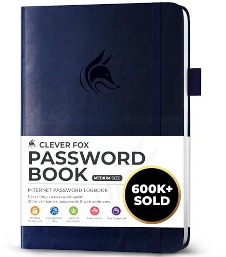 Clever Fox Password Book with alphabetical tabs. Internet Address Organizer Logbook. Medium Password Keeper for Website Logins (Dark Blue)