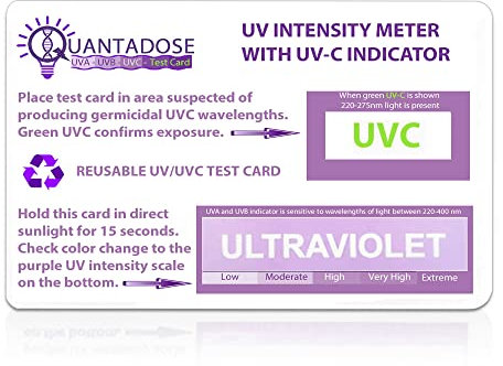 QuantaDose® Carte de test de lumière UVC avec indicateur de longueur d'onde de lumière UVC et test photochromique de l'intensité UV