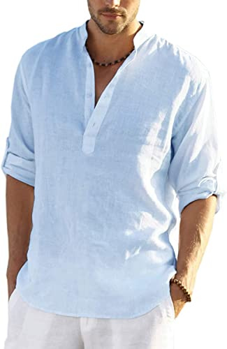 COOFANDY män bomull linne henley-skjorta casual hippie strand långärmad t-shirt, blå, S