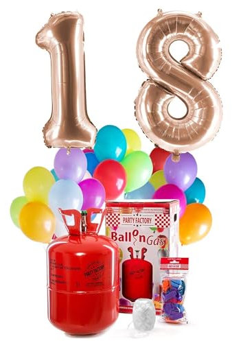 PARTY FACTORY Helium Geburtstags-Komplettset 18 - mit XXL Zahlenballons, 0,4m³ Ballongas, Ballonschnur & 30 bunten Latexballons - für Geburtstag, Jubiläum, Jahrestag in versch. Farben (Roségold)