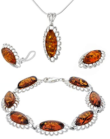 AMBEDORA Stort damset Amber 426, sterlingsilver finish glans, konjakfärgad baltisk bärnsten, armband, hänge med kedja och klämmor, Sterlingsilver, Bärnsten