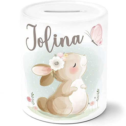 SpecialMe® Kinder Spardose mit Name Tiermotive Bär, Hase, Fuchs personalisierte Geschenke Mädchen Jungen Sparschwein Hase weiß Spardose