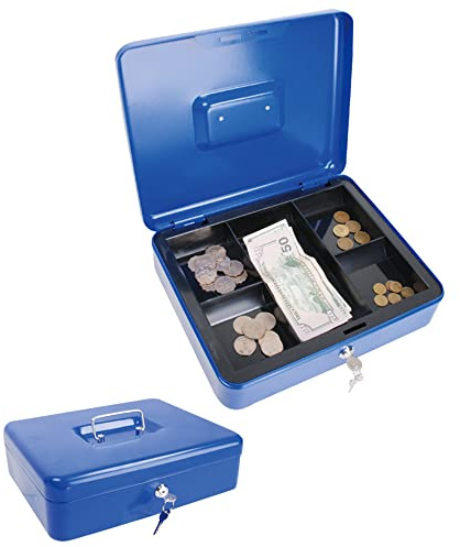 MICEL - 13400 - Geldkassette mit Schlüssel, zum Zählen und Transportieren von Geld, mit Stahlgriff, inkl. Ablagefach, blau, 300 x 240 x 90 mm