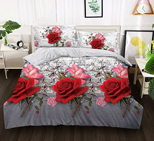 4 Piece Complete Bedding Set 3D Design Floral, Animal Printed Duvet Cover with Fitted Sheet Pillowcases (319 Grey Red Rose, Double)