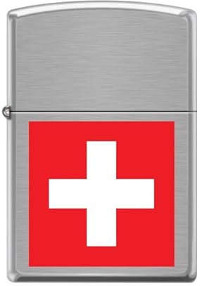 Zippo Windproof Lighter - Swiss Flag Model - Brushed Chrome with Colour Image - Refillable - Reusable - Windproof Design - Gift Box - Made in USA