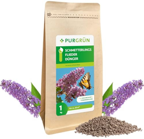 Purgrün® Schmetterlingsflieder-Dünger 1 kg – Organisch-mineralische Rezeptur – Feinkörniges Krümelgranulat – NPK 8+4+5 – Extra Magnesium für prächtige Blüten – Verbessert die Bodenqualität