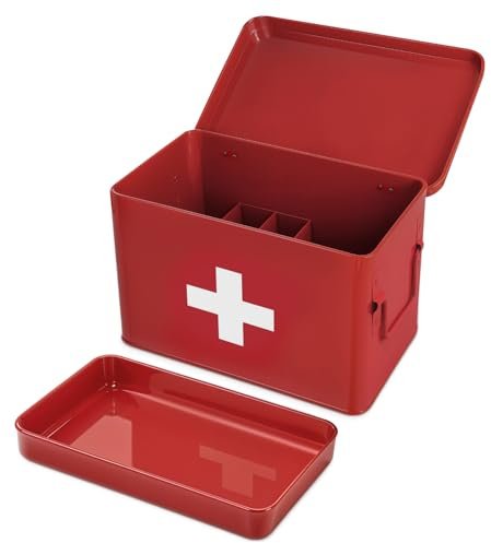 Plexon 8.5 Metal First Aid Box Empty, Medicine Storage Bin with Lid, Emergency Supplies Organizer, Portable First Aid Kit Case, Red