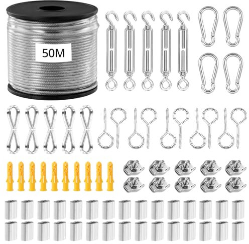 QWORK® 50M Wire Rope Kit, Garden Wire, Garden Wire for Climbing Plants, Heavy Duty 304 Stainless Steel Cable Rope With M5 Turnbuckle Wire Tensioner