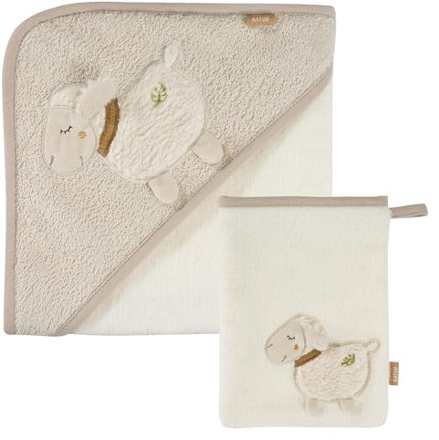 Fehn Bade-Set Schaf Natur – Bade-Set Handtuch & Waschlappen aus Baumwolle aus biolgischem Anbau - mit Tiermotiv für fröhlichen Badespaß - für Babys und Kleinkinder ab 0+ Monaten