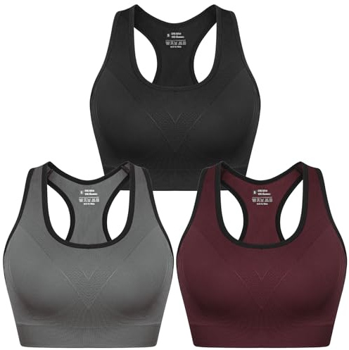 Sykooria Sport-BH:ar Dam Sport-BH med Simrygg Sport-BH Dam Vadderad Medium Effekt Gym Kort Topp för Fitness, Svart + grå + vinröd, S