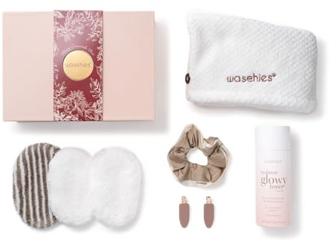 Waschies 10-tlg. „Deluxe“ Geschenkset für Frauen – Geschenkbox mit Abschminkpads, Toner Pads, Haarturban und mehr – sanfte Reinigung – waschbar, wiederverwendbar & nachhaltig – Alle Hauttypen