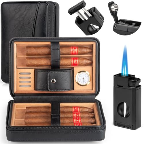 Cigar Humidor, Leather Cedar Wood Cigar Case, Travel Cigar Case with Hygrometer & Humidifier, 3-in-1 Cigar Lighter | Portable Travel Cigar Humidor, Cigar Accessories Set for Men (Black)