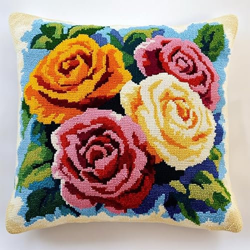WallustrioaW Knüpfkissen Zum Selbermachen,Kissen Knüpfen Kit Farbige Rosen Blumen,DIY Kissen Knüpfen Set Knüpfteppiche Set Sofakissenbezug Handgemachte Geschenke,43x43cm