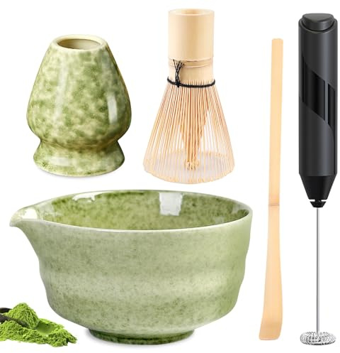 Porfoyo Matcha set med elektrisk mjölkskummare, 5-delad macha teset, Matcha teset, matcha kvastset, innehåller Matcha-skål, Matcha bambu tekvast, bambuspade, vispställ