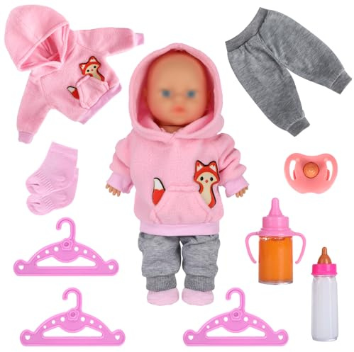 Abbigliamento per bambole da 35 a 43 cm, abbigliamento per bambole, abbigliamento per bambole con cappuccio e pantaloni, accessori per bambole con motivo volpe, pantaloni, calze, ciuccio, 2 bottiglie