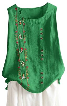 HAOLEI Vest Tops Women UK Summer Cotton Linen Sleeveless T-Shirt Plus Size Loose Fit Floral Shirts Dandelion Embroidered Lounge Wear Baggy Dressy Casual Blouses Ladies Tank Tops