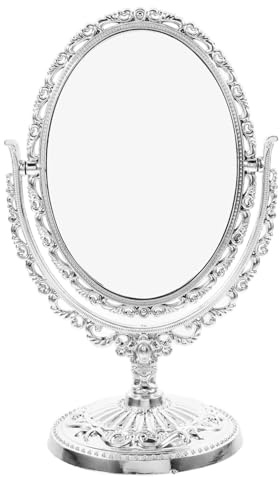 Ipetboom Espejo De Maquillaje Vintage Pequeño con Diseño Ovalado y Soporte Giratorio Doble Cara Estilo Europeo Elegante para Tocador Oficina Dormitorio o Baño Acabado con Detalles y Rotació