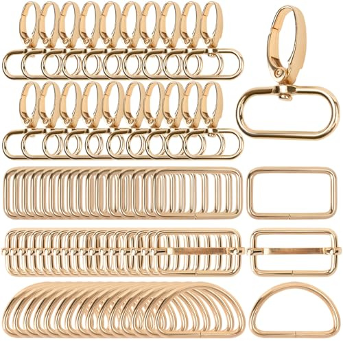 GUBOCA 100 stycken karbinhakar med vridfog, sömnad tillbehör, D-ring, triglide-skjutspänne, rektangulär ring för gör-det-själv ficktillbehör, Guld, 32 mm