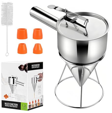 MFUSUL Degportionerare 1 200 ml, rostfritt stål pannkaksdegdispenser med stativ, degdispenser med lock, rengöringsborste och 4 reservmunstycken, perfekt för pannkakor, desserter och bakning