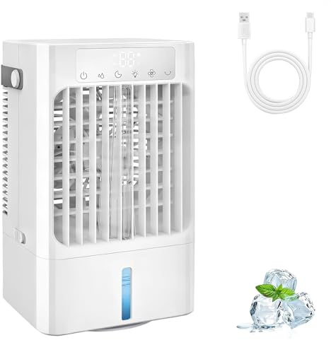 Portable AC Fan, Mini Air Cooling Fan with 3 Speeds,Air Conditioner with 120° Oscillating & 1-8H Timer, Air Cooler Fan with 7 Colors LED Light and 3 mist,Portatil for Bedroom Office Desk-900ml