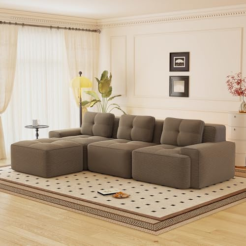 Yihomfy Canapé d'angle Modulaire Désossé, Velours côtelé Canapé 3 Places avec Tabouret, Configuration Libre, Canapé en L de Salon, sans Montage (Marron, 3 Sièges + 1 Tabouret)