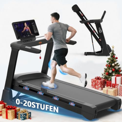 Cinta de Correr Plegable Profesional con App, Motor 7.5CV 20 km/h, Inclinación Automática 20 Niveles, Máquina de Correr para Gimnasio en Casa, Carga 200 kg, Silenciosa, Pantalla Táctil 15.6