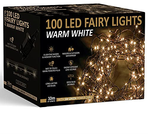 NETTA Christmas Tree Fairy Lights - 10M 100 LED Mains Powered, Waterproof Outdoor String Light with Timer, 8 Modes Plug in Lighting Outside Indoor & Outdoor Garden Xmas Decorations - Warm White