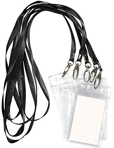 Lanyard with ID Holder 50 Pcs Waterproof Name Tag Vertical Badge ID Card Holders ID Pass Holder and 50 Pcs Flat Neck Black Lanyards Swivel Hook