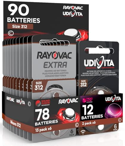 90 Baterías para Audífonos Medida 312 PR41 Marrones Zinc Aire Phono Pulse Technology en 15 Blíster de 6 Pilas 90 Baterías 78 Rayovac + 12 Udivita
