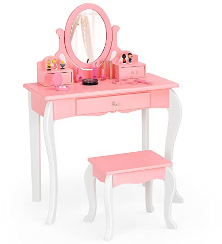 RELAX4LIFE Toeletta con Sgabello per Bambini, Tavolo da Trucco con Specchio Cosmetico Girevole, Struttura Antiscivolo con Sicurezza Anti Ribaltamento, Scrivania e Sgabello da Cameretta (Rosa)