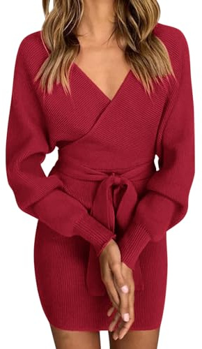 heekpek Abito Invernale Donna Maglia Elegante Mini Abiti Tubino Donna Comodi Elasticità Manica Lunga Scollo a V Corti Abiti Scollati con Cintura, Borgogna, XL