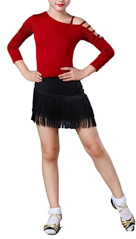 Abito da Ballo Latino a Due Pezzi per Ragazze con Frange in Tessuto Tassel, Composto da Un Body e Una Gonna da Ballo. Perfetto per esibizioni sul palco di Tango, Salsa e Altre Danze,Nero,140cm