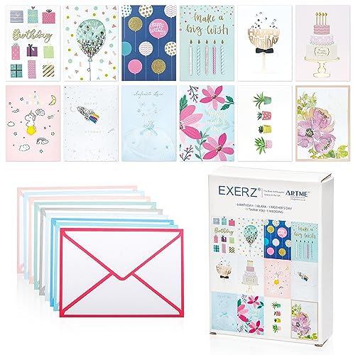 EXERZ 12 verschiedene Grußkarten im Multipack für alle Anlässe – handgefertigt – individuelle Designs für – Geburtstag, Dankeschön, Muttertag und unbeschriftet. Jede Karte ist einzigartig.