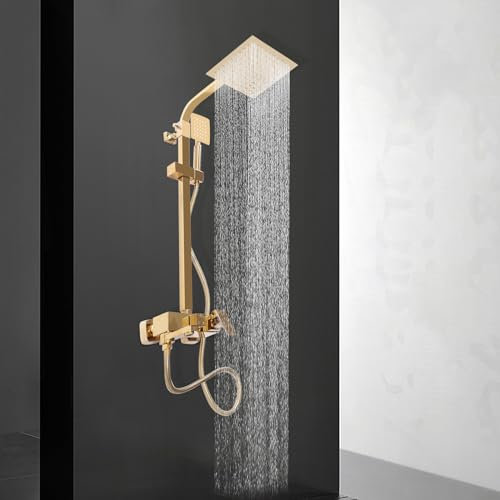 Duscharmatur duschpanel regndusch dusch set badrumssystem duschstång blandare dusch koppar rostfritt stål med huvuddusch handdusch modern lyxig justerbar höjd kvadratisk guld 20 cm