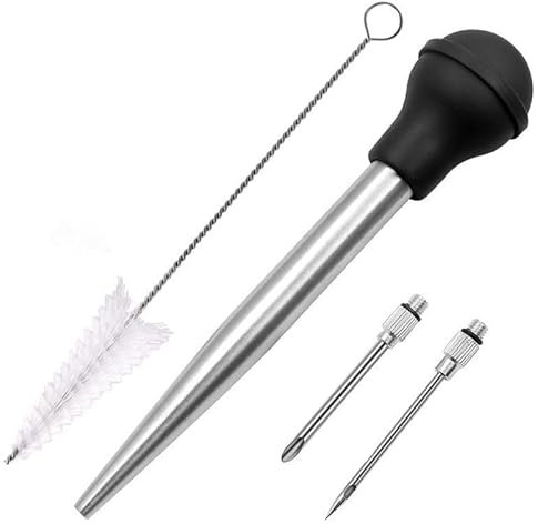 Siringa per arrosti, grande iniettore per carne, in acciaio inox, con spazzola per la pulizia e 2 aghi per marinata