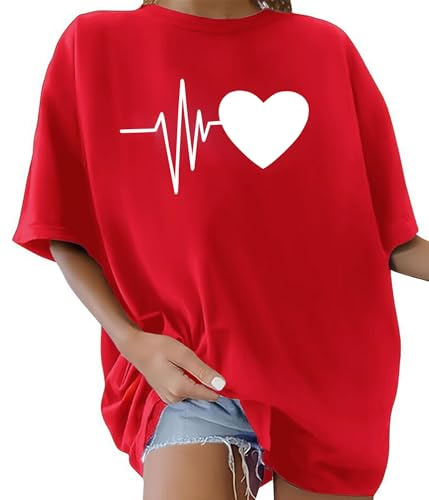 Lonya Tee Shirt Femme Grande Taille Manches Courtes D'été Coton Lettre Imprimée Tops Elégant Décontractés Chemisiers Oversize Tshirts Heart-Rouge,M