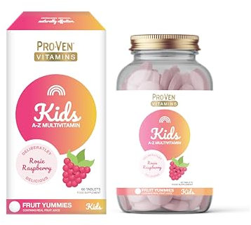 Proven A-Z Kids Multivitamin Chewable Tablets Raspberry Flavour Yummies 60 Tablets Daily Childrens Multivitamins with 13 Essential Vitamins for Immune Function, Bones, Teeth & Energy - 2 Month Supply