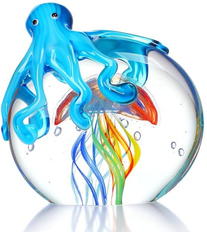 HDCRYSTALGIFTS Bunte Oktopus und Quallen, Sammlerstück, handgefertigt, Glas, Briefbeschwerer, Ornament, Meerestier-Kunstwerk, Skulptur, Zuhause, Aquarium, Dekoration, Geschenk, Handwerk, Dekoration,