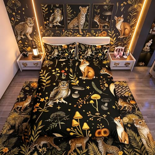 Loussiesd Boho set med svamptäcke, super kingsize, söt uggla ekorre, sängkläder set för barn, botanisk blommig sängkläder, påslakan, set om rum, dekor, animlas överkast