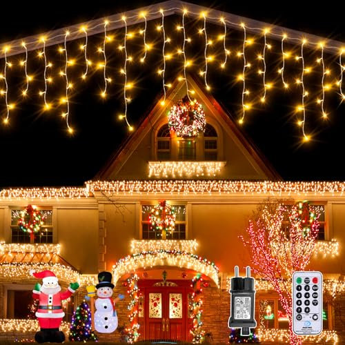 Auriostar Luci Natale Esterno Cascata, 7.5M 306 LED Luci Natalizie per Esterno, Tenda Luminosa Natale Esterno IP44, 8 Modalità Luci Natale per Esterno, Interno, Decorazioni Casa, Balcone, Giardino