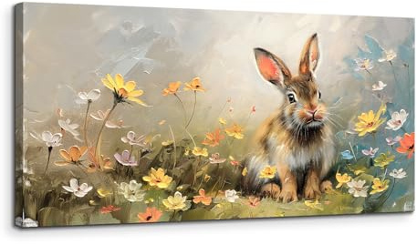MHARTK66 Quadri Moderni Soggiorno Grandi, 50x100 cm Stampe da Parete Coniglietto e Fiori Selvatici, Animale Quadro Camera da Letto Su Tela Decorazioni Parete Bagno Cucina Ufficio Sala Da Pranzo