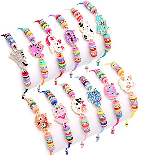 Toyssa 12 Piezas Pulseras Niña Pulseras de la Amistad, Pulseras Niños Cumpleaños Relleno Piñata Regalos Detalles Cumpleaños Niños Pulsera Trenzada Ajustable para Niñas Adolescentes Mujer (Gato)