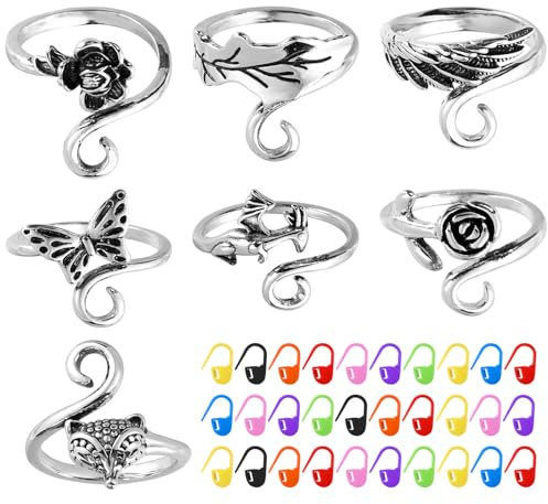 7pcs Tension Rings for Crocheting, Multi Style Thread Finger Hook with 30pcs Stitch Marks & Plastic Box Adjustable Yarn Thimble Guide Loop for Knitting Crochet Weaving Magic Circle Tool Holder