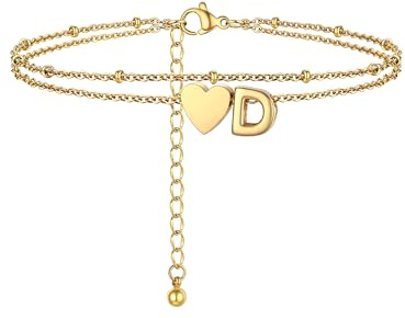 PROSTEEL Anklets for Women Initial D Letter Heart Ankle Bracelet Waterproof Jewellery Adjustable Double-Layerd Foot Chain for Beach Summer Gold Plated (with Gift Box)
